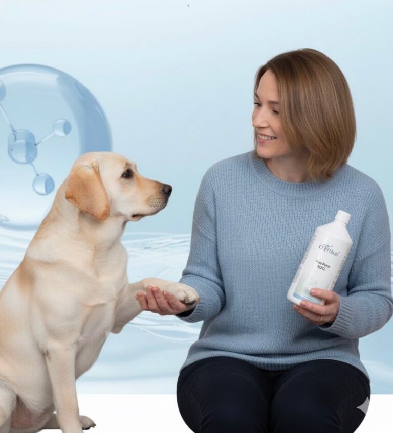 Pfotenpflege beim Hund mit Pure Redox HOCL – Frau hält Pfote eines Labradors