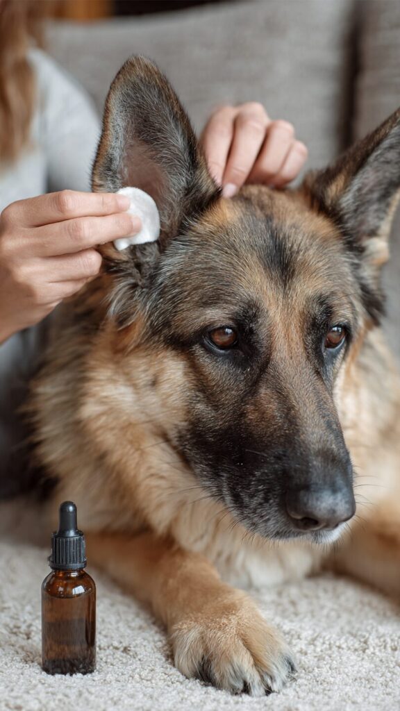 Frau reinigt die Ohren ihres Schäferhundes mit HOCL – sanfte Frau reinigt die Ohren ihres Schäferhundes mit HOCL – sanfte Ohrenpflege für Hunde